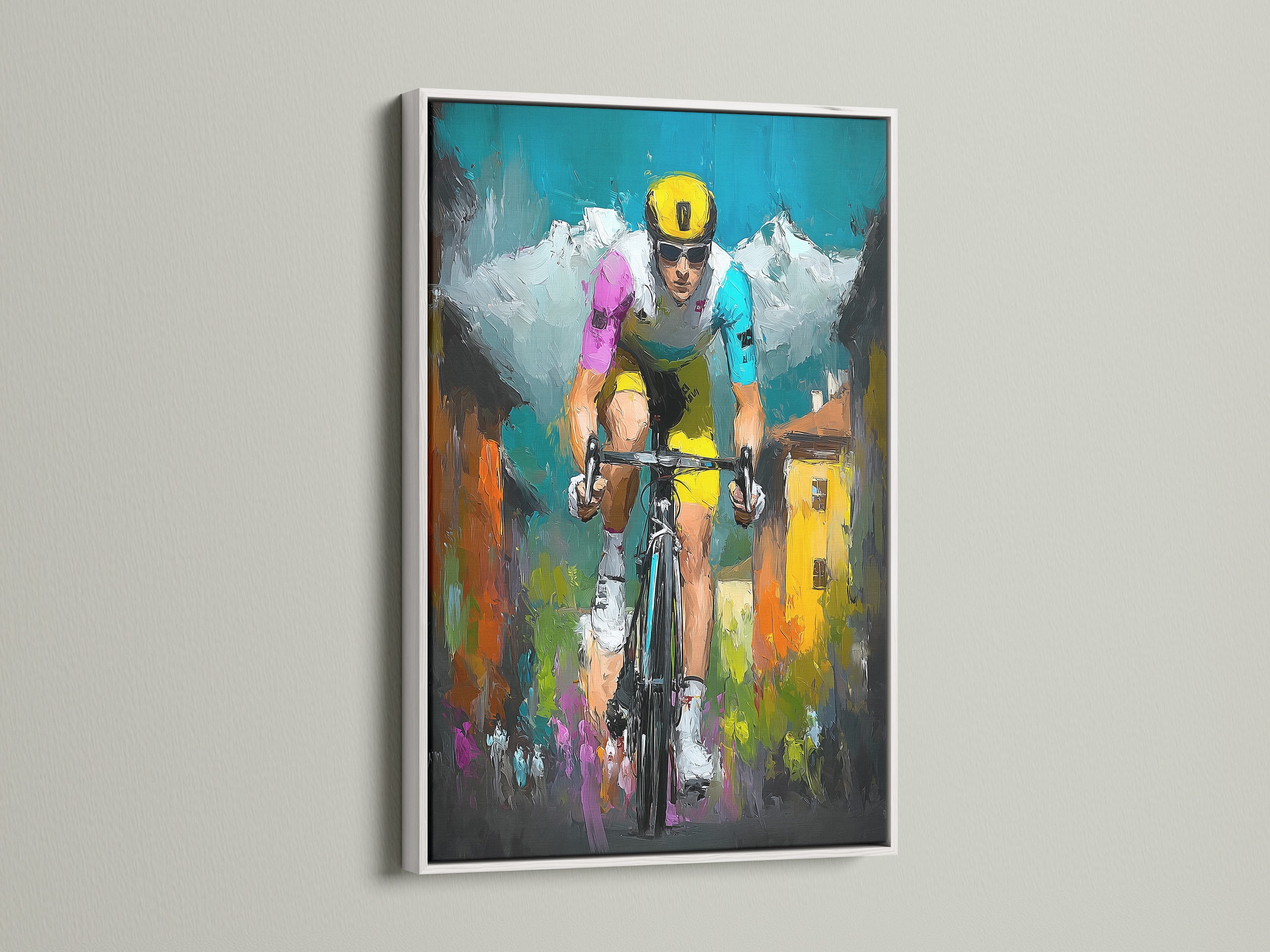 Artwork of a cyclist in a white frame. The artwork features vibrant colors and dynamic brushstrokes. The white frame offers a clean and modern look. It allows the artwork to stand out. A stylish addition to any home or office decor.