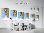 Size comparison chart of the tropical beach artwork in an interior setting. See how different sizes fit in your living room bedroom or office. Choose the perfect size to complement your space and style.