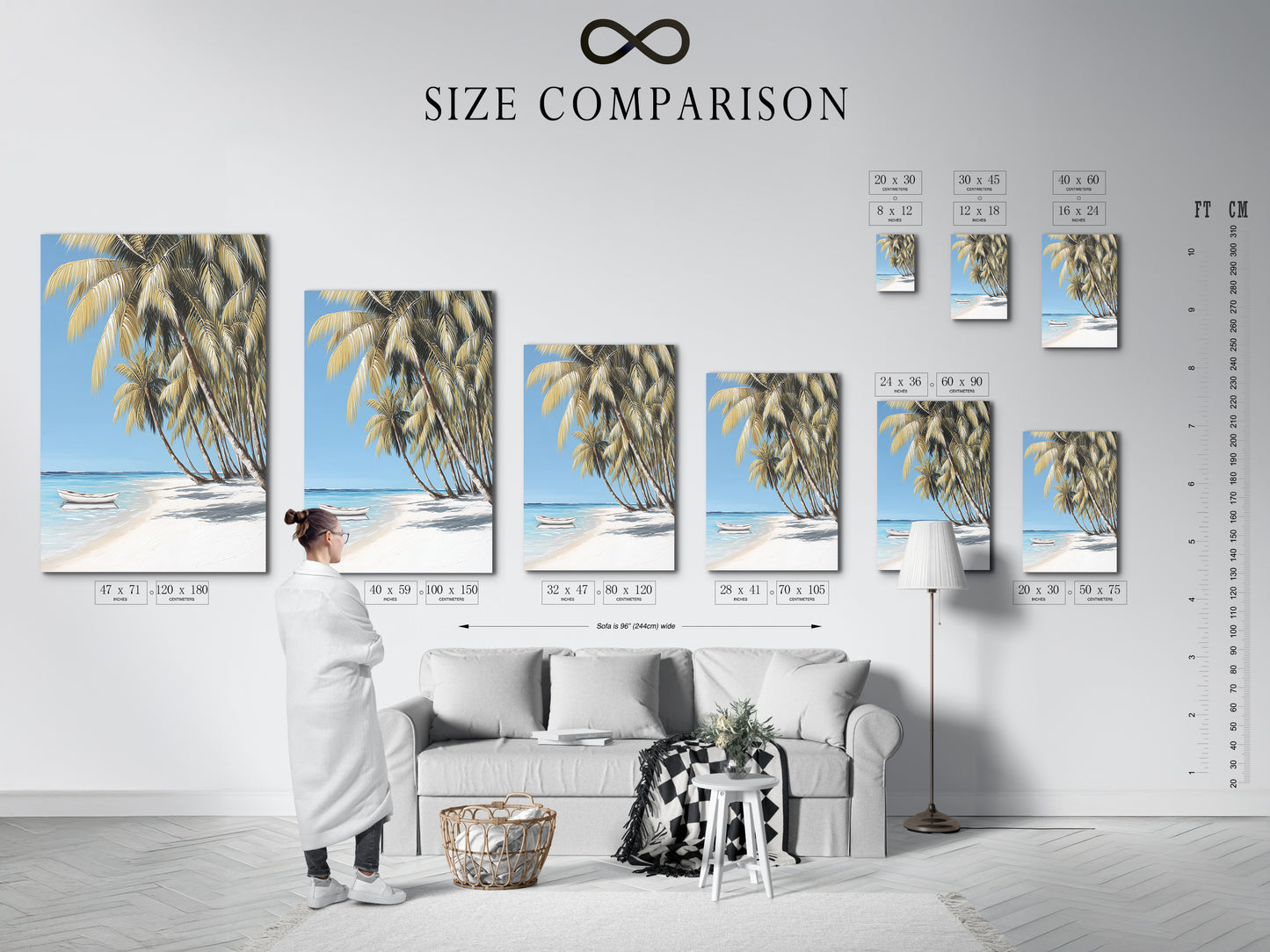Size comparison chart of the tropical beach artwork in an interior setting. See how different sizes fit in your living room bedroom or office. Choose the perfect size to complement your space and style.