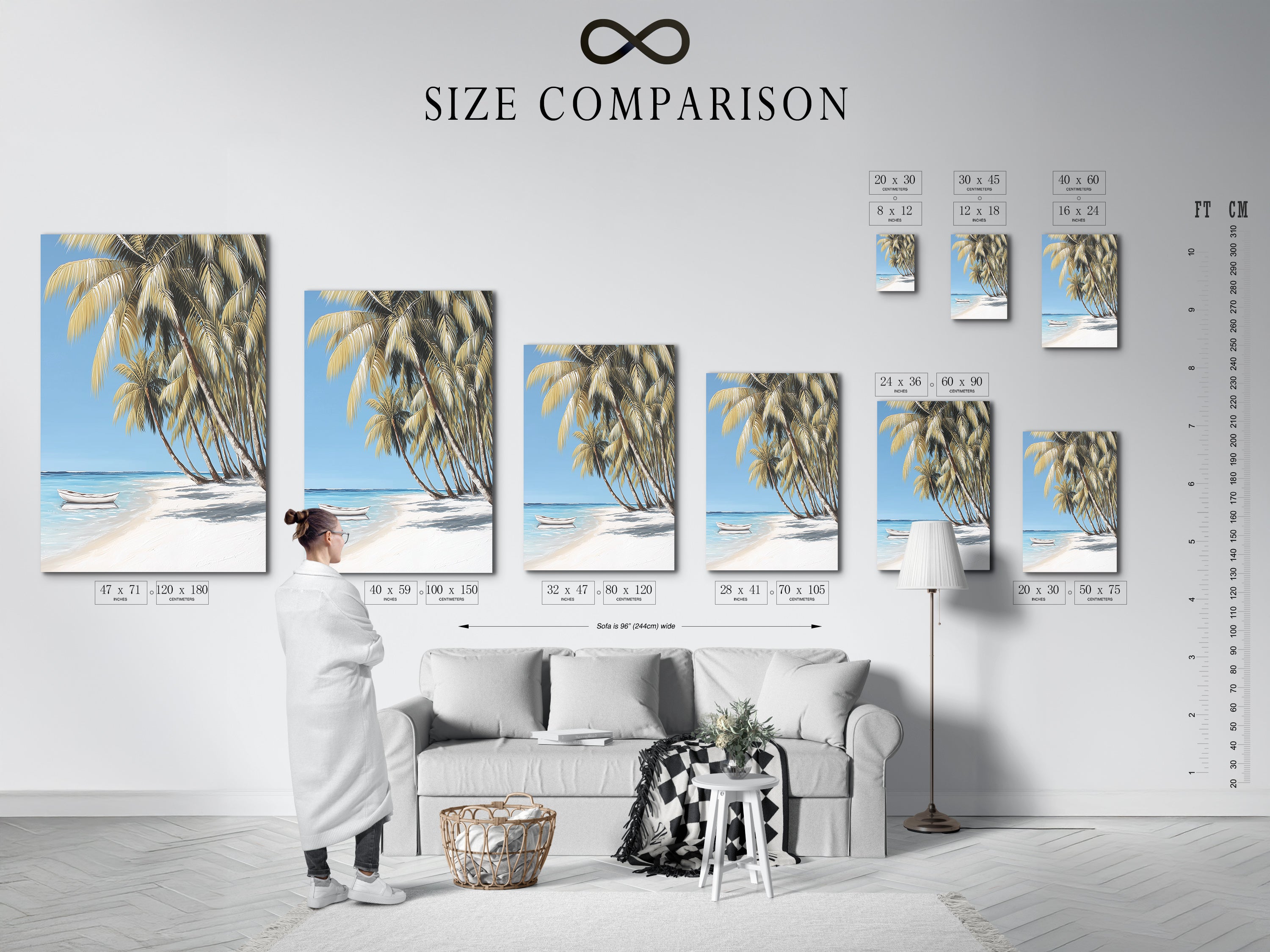 Size comparison chart of the tropical beach artwork in an interior setting. See how different sizes fit in your living room bedroom or office. Choose the perfect size to complement your space and style.
