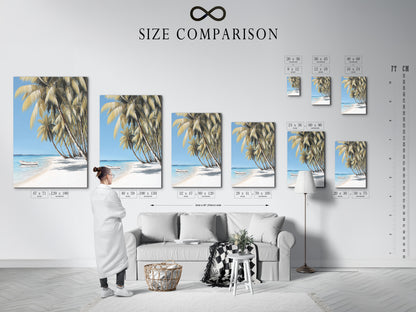 Size comparison chart of the tropical beach artwork in an interior setting. See how different sizes fit in your living room bedroom or office. Choose the perfect size to complement your space and style.