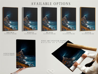 Available options for the lighthouse artwork. Choose from stretched canvas prints fine art poster paper and floating frames. Customize your artwork to match your style. Refined maritime wall art for any space.