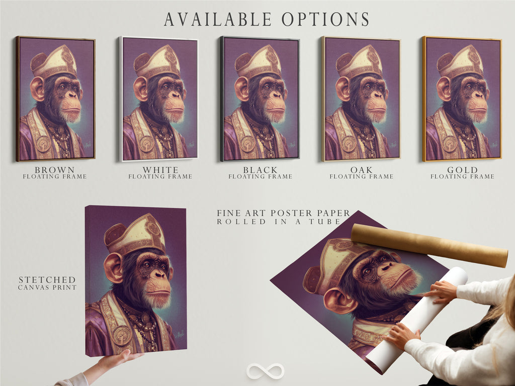 Explore the available options for the chimp pope artwork. Choose between a stretched canvas print a fine art poster paper or a floating frame. Each option offers a unique way to display this piece of surreal religious wall art. Find the perfect style to match your home office decor and personal taste.