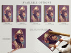 Explore the available options for the chimp pope artwork. Choose between a stretched canvas print a fine art poster paper or a floating frame. Each option offers a unique way to display this piece of surreal religious wall art. Find the perfect style to match your home office decor and personal taste.