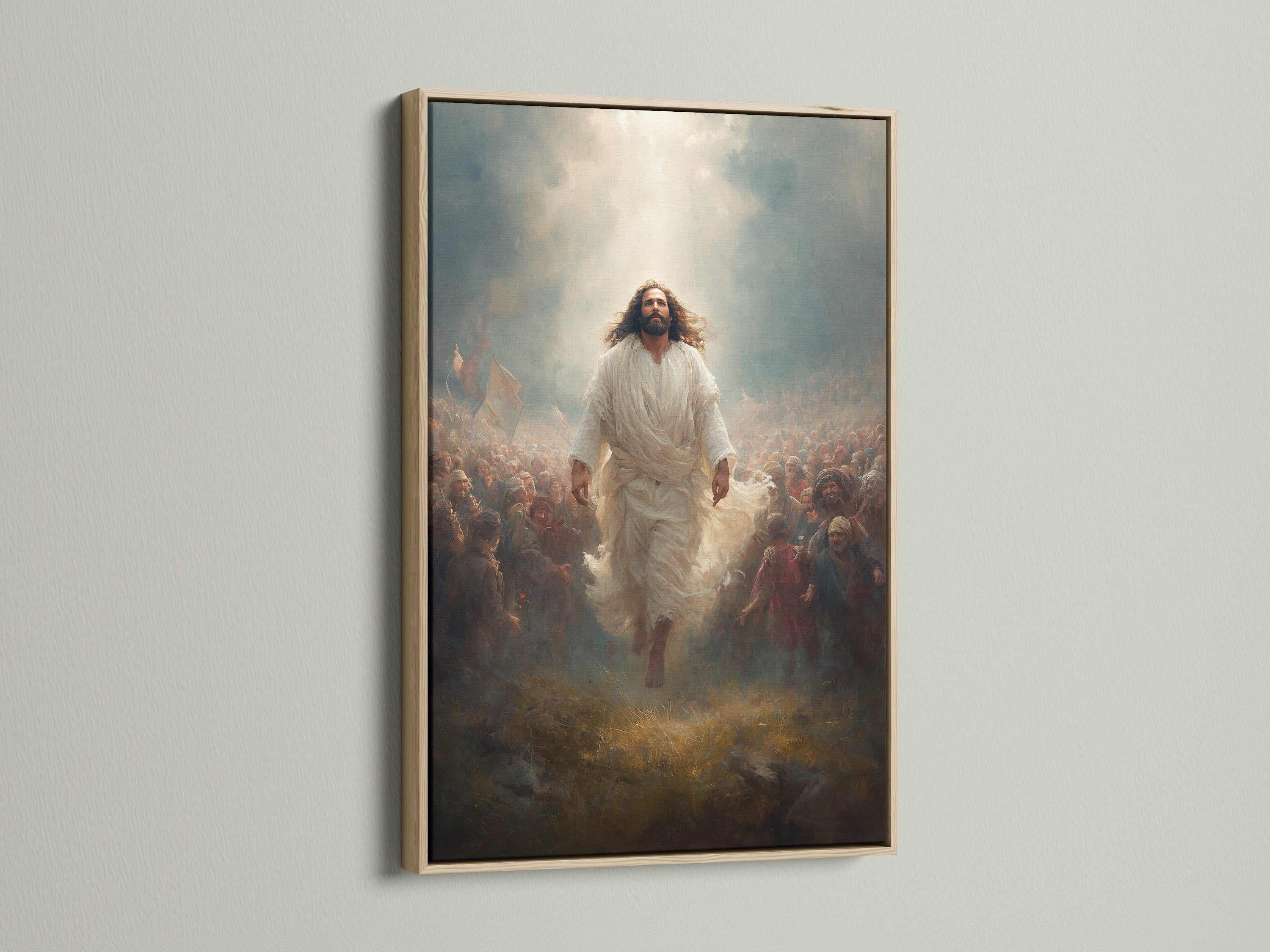 Enhance your decor with this Jesus Christ art in an oak frame. This christian wall art offers a warm traditional touch. Perfect religious decor for a church office. A faith canvas print that adds spiritual depth. Explore this sacred art print.