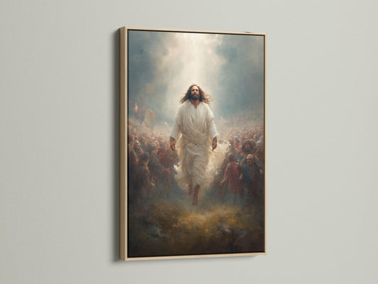 Enhance your decor with this Jesus Christ art in an oak frame. This christian wall art offers a warm traditional touch. Perfect religious decor for a church office. A faith canvas print that adds spiritual depth. Explore this sacred art print.