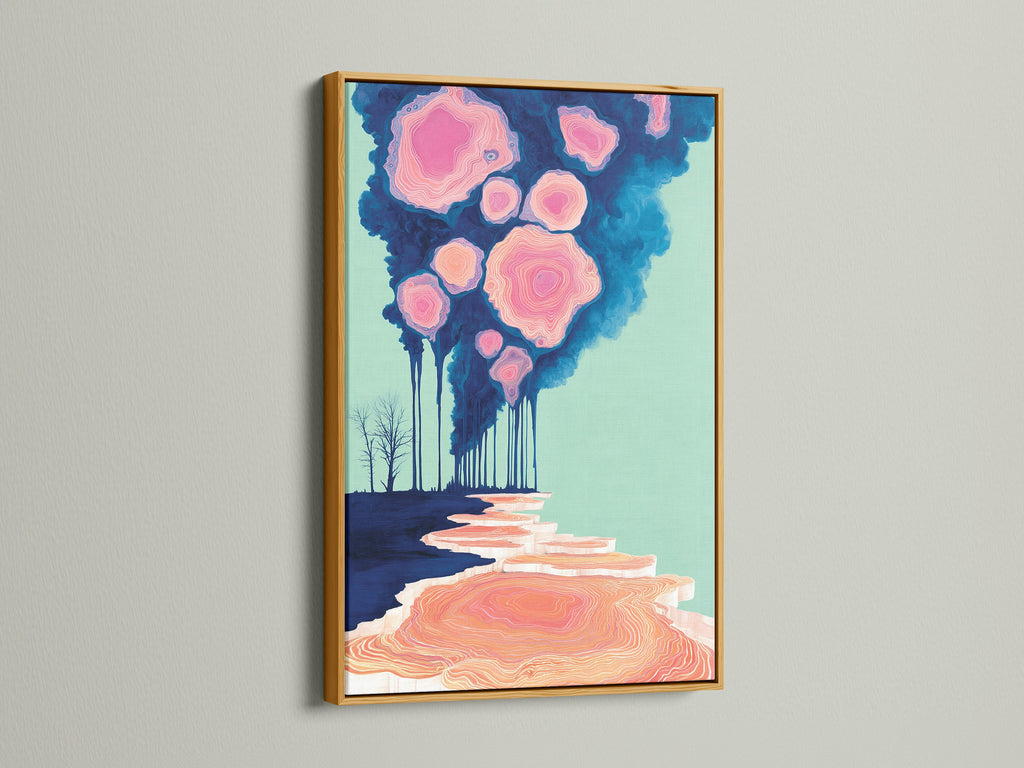 View our surreal landscape canvas print with a pink cloud forest in a gold frame. This abstract nature artwork brings a touch of luxury to your walls. The gold frame enhances the dreamy artwork. Perfect for living room wall art and creating elegant spaces. This whimsical print is ideal for interior stylists and Airbnb hosts seeking refined decor.