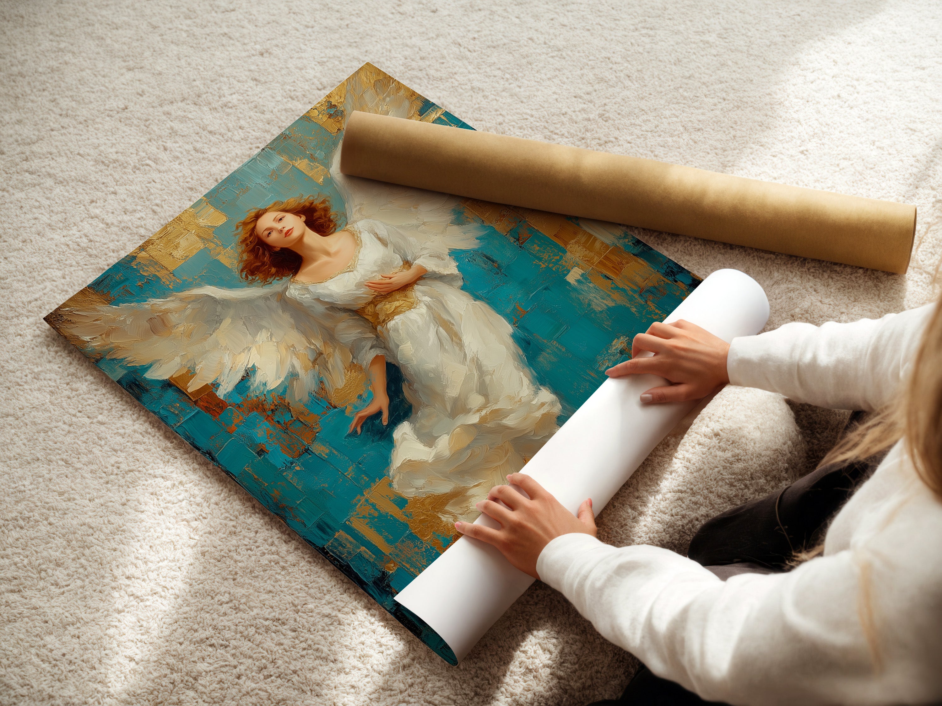 A woman carefully rolls a fine art poster paper. The process ensures the delicate paper remains pristine. This protects the artwork from damage. Rolling is essential for safe storage and transportation of fine art prints.