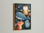 A gold frame enhances a whimsical artwork. This artwork includes a fox an owl a whale and a hand. They are set against a starlit night sky. This framed print brings a touch of luxury and warmth to your home. It is perfect for adding a touch of glamor.