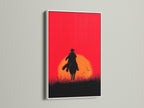 Cowboy Sunset Canvas Print with white frame. This artwork brings a touch of the Wild West to any room. The red orange sunset silhouette creates a striking visual impact. Enhance your western artwork collection today with this cowboy poster.
