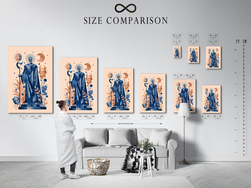 Size comparison chart in an interior setting. Mystical tarot art prints are displayed in various sizes. This chart helps visualize how the celestial decor fits your space. Perfect for home or office.