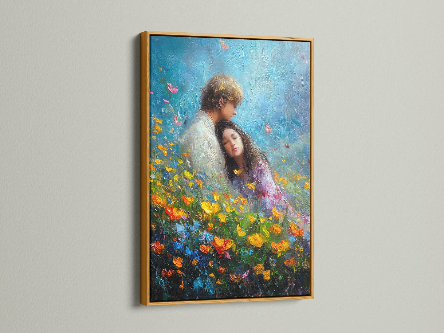 Artwork featuring a gold frame. The art shows a couple in a vibrant flower field. The gold frame adds elegance and luxury. It enhances the artwork's richness and detail. Perfect for adding a sophisticated touch.