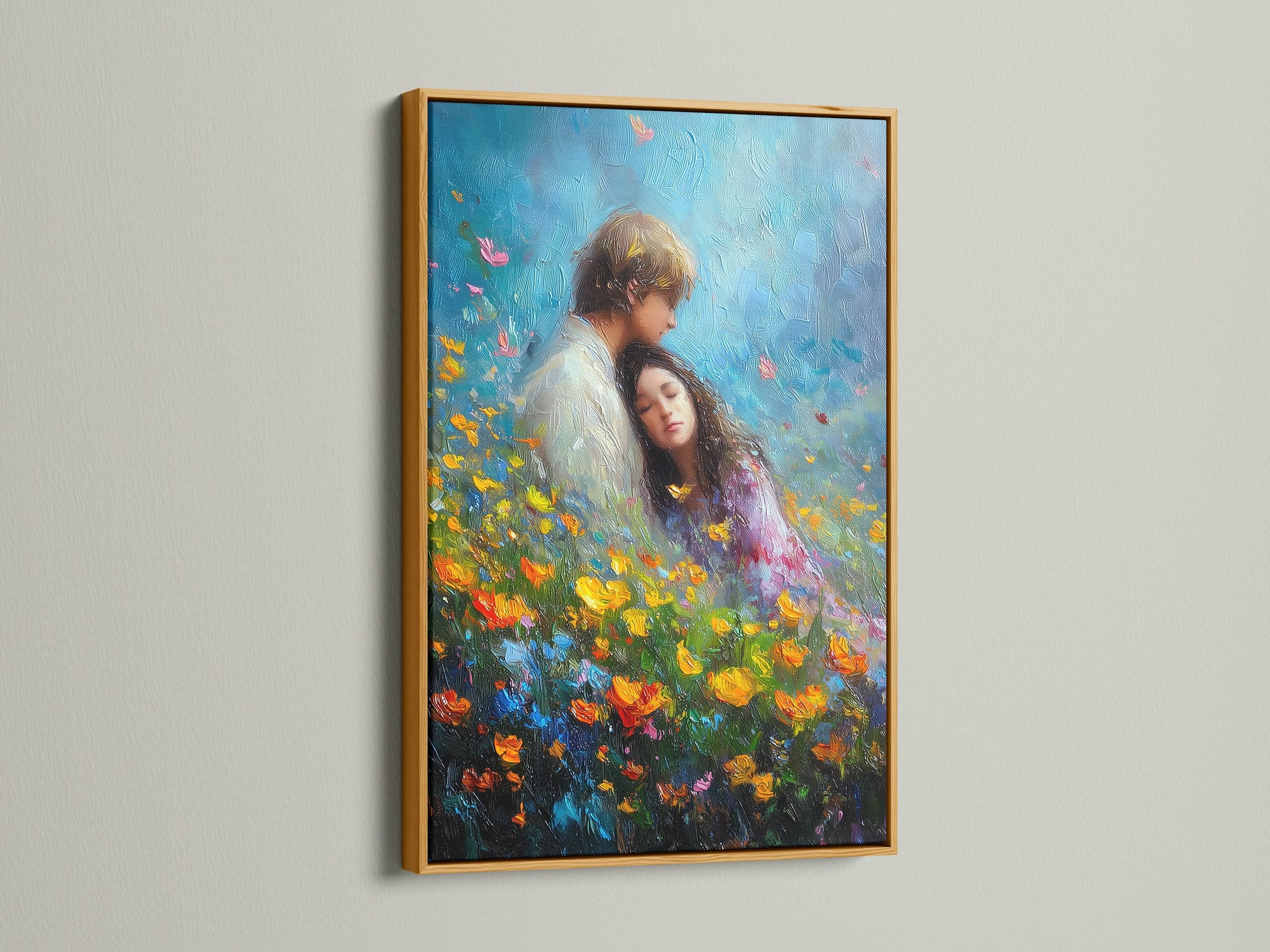 Artwork featuring a gold frame. The art shows a couple in a vibrant flower field. The gold frame adds elegance and luxury. It enhances the artwork's richness and detail. Perfect for adding a sophisticated touch.
