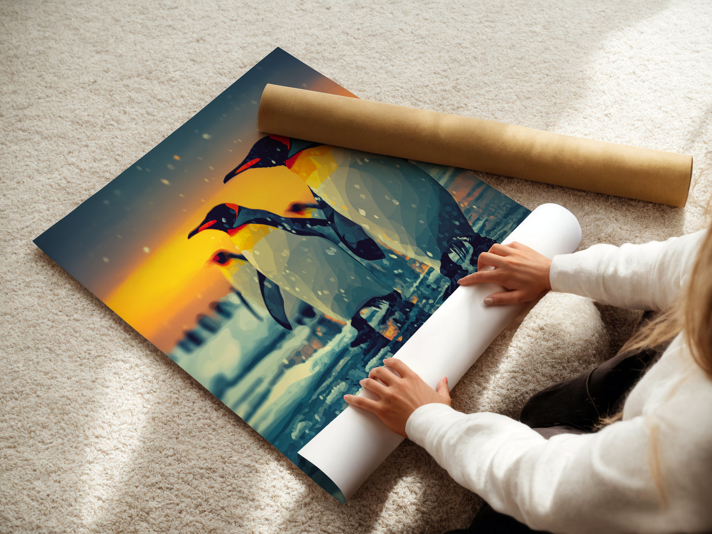 A woman is carefully rolling a fine art poster paper featuring penguin artwork. The fine art poster paper ensures high-quality prints. This arctic wildlife art is perfect for any art lover. It is ready to frame.