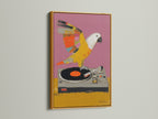Parrot DJ artwork in a gold frame. This eye-catching piece features a bird on a turntable. The artwork adds a touch of retro charm and elegance. Perfect wall art for music studios.