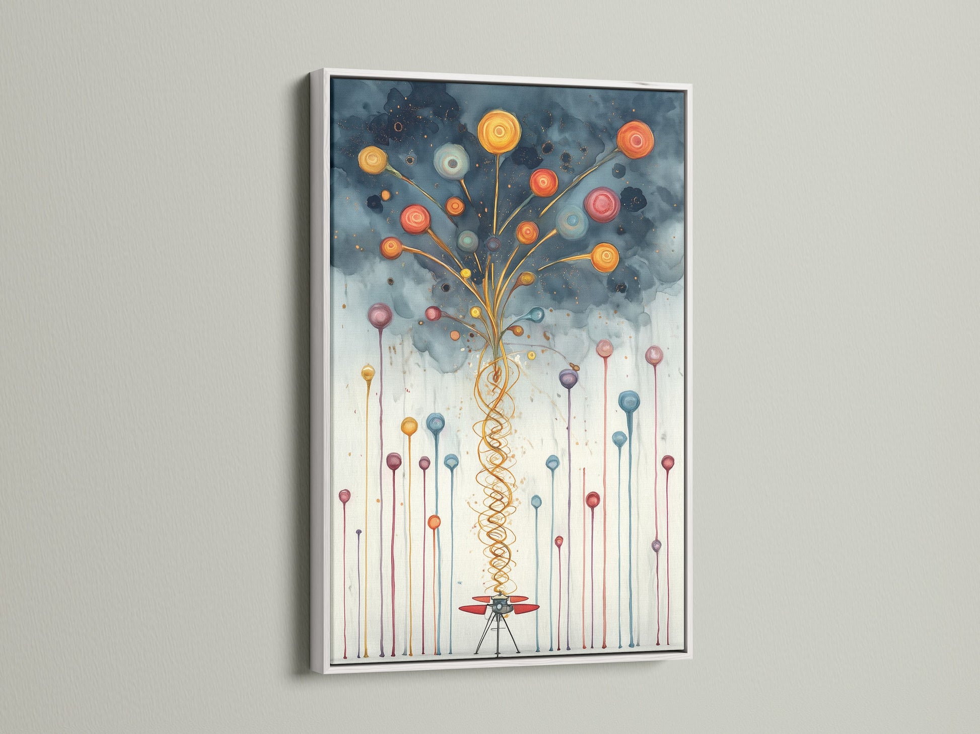 White frame displaying abstract balloon artwork. This colorful print adds a modern touch to any room. Enhance your nursery or playroom with this whimsical decor. The playful art is perfect for children's spaces. Brighten up your walls with this fun piece.
