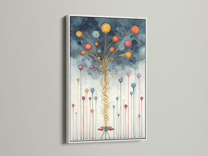White frame displaying abstract balloon artwork. This colorful print adds a modern touch to any room. Enhance your nursery or playroom with this whimsical decor. The playful art is perfect for children's spaces. Brighten up your walls with this fun piece.