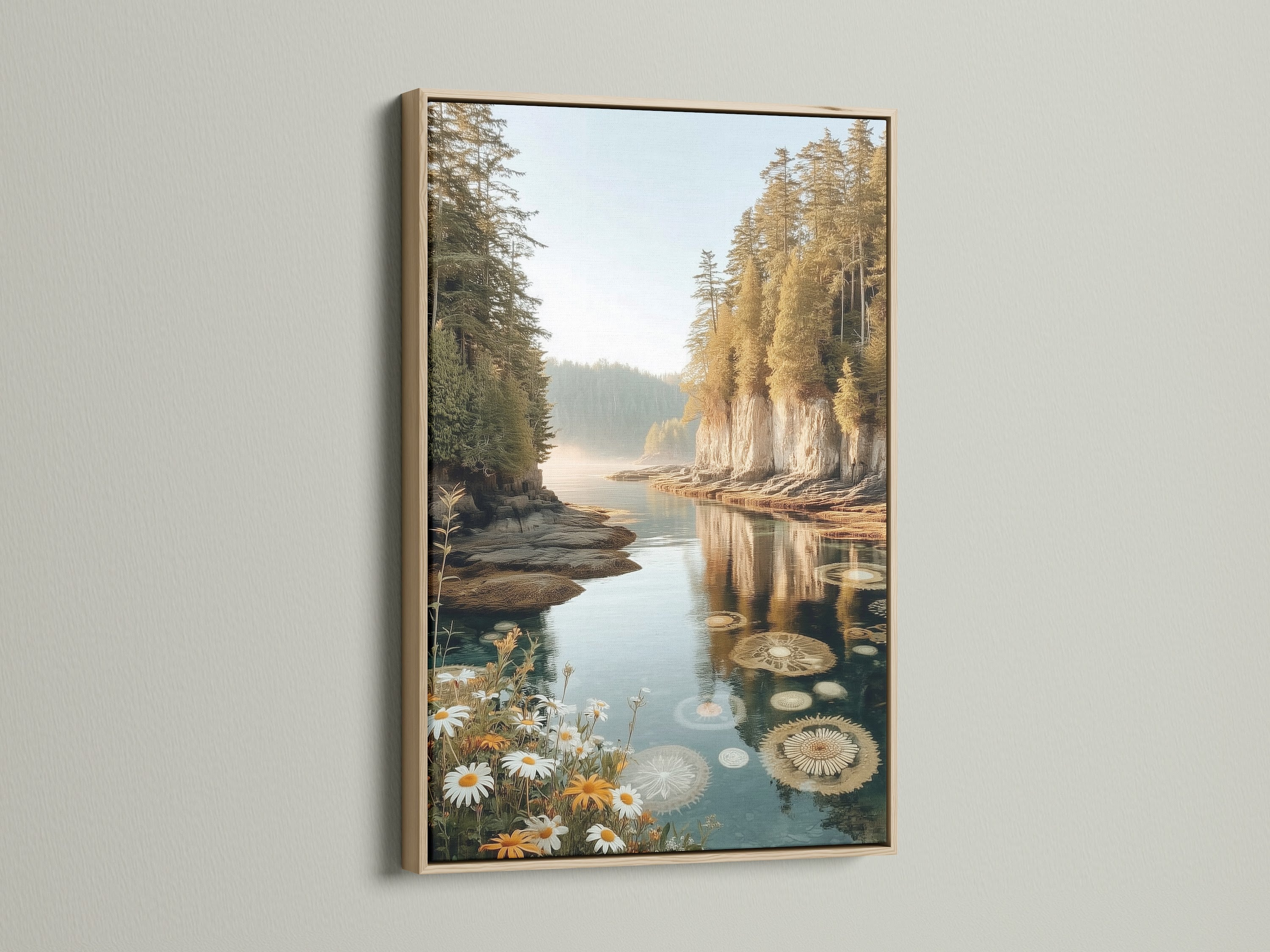 A close-up of a serene landscape canvas print. The artwork is displayed in a classic oak frame. This stylish option enhances the nature photography. Perfect for adding a touch of woodland beauty to your living room wall art.