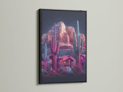 Neon cactus artwork featuring a desert landscape inside a black frame. The artwork showcases a southwestern scene with vibrant pink and teal hues. This Arizona art print adds a touch of southwest style to your walls. It is ideal for modern decor.