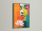This is an oak frame featuring a woman portrait art. The abstract face print adds a touch of modern elegance. It is ideal for living rooms and bedrooms. The oak frame enhances the artwork's colorful details.