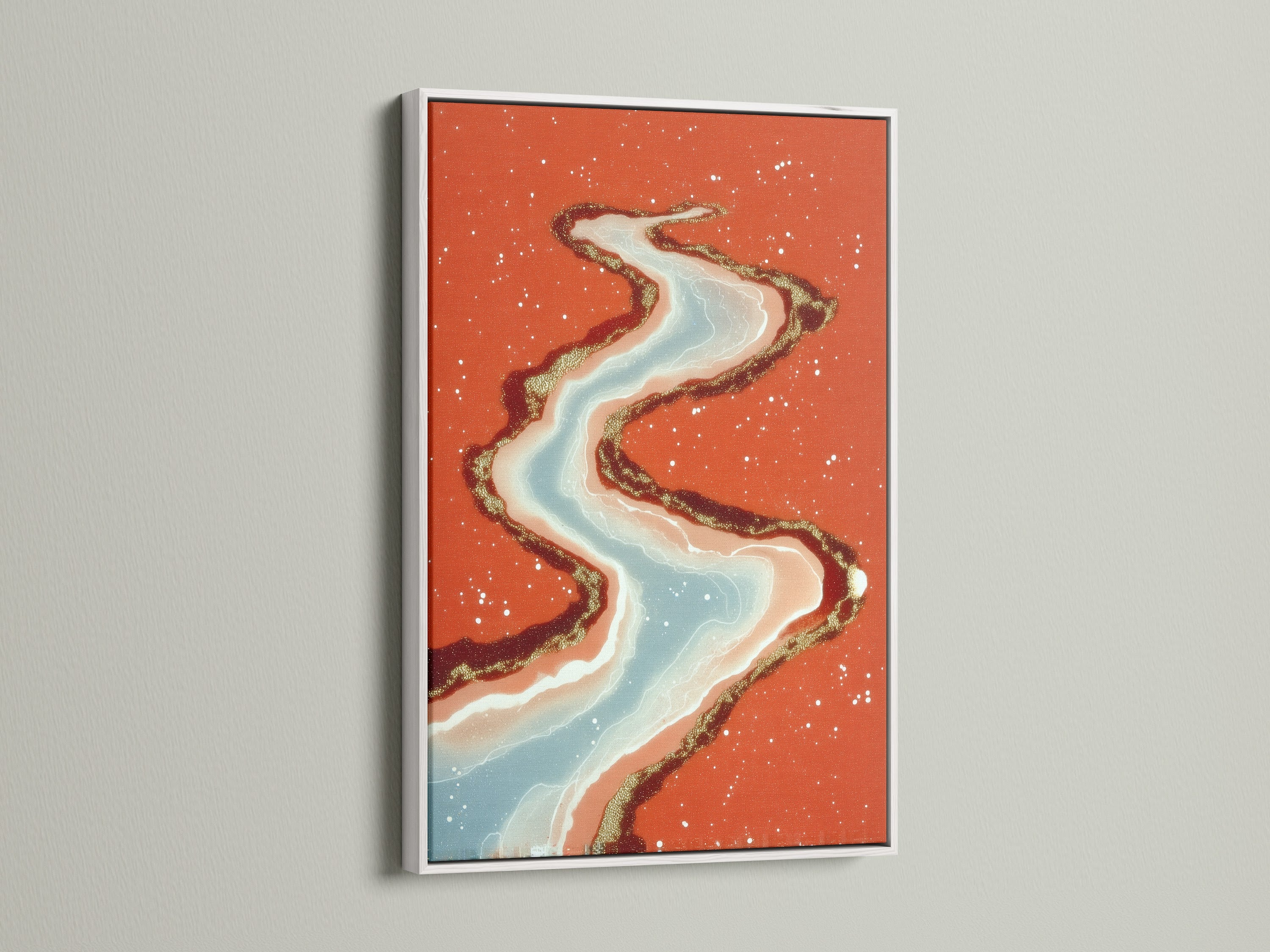 This abstract river art is showcased in a white frame. It adds a fresh touch to modern wall decor. The flowing water print features coral orange and teal hues. Perfect for creating a serene atmosphere in your bedroom or living room. Explore this contemporary artwork now.