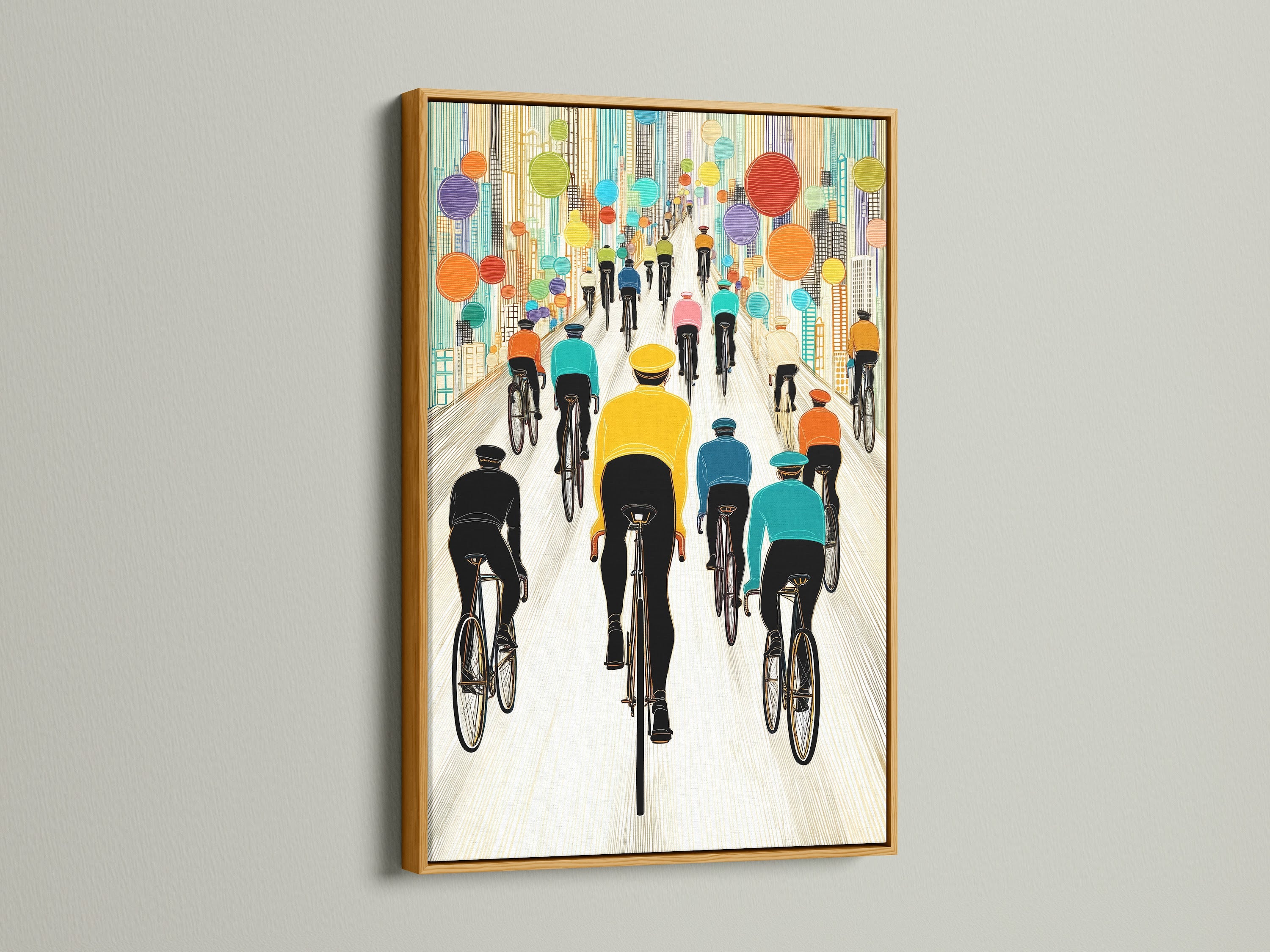 Bicycle Race canvas print in a gold frame. The colorful artwork adds a touch of luxury to any room. Perfect for those seeking energizing wall art. This print will transform your home or office.