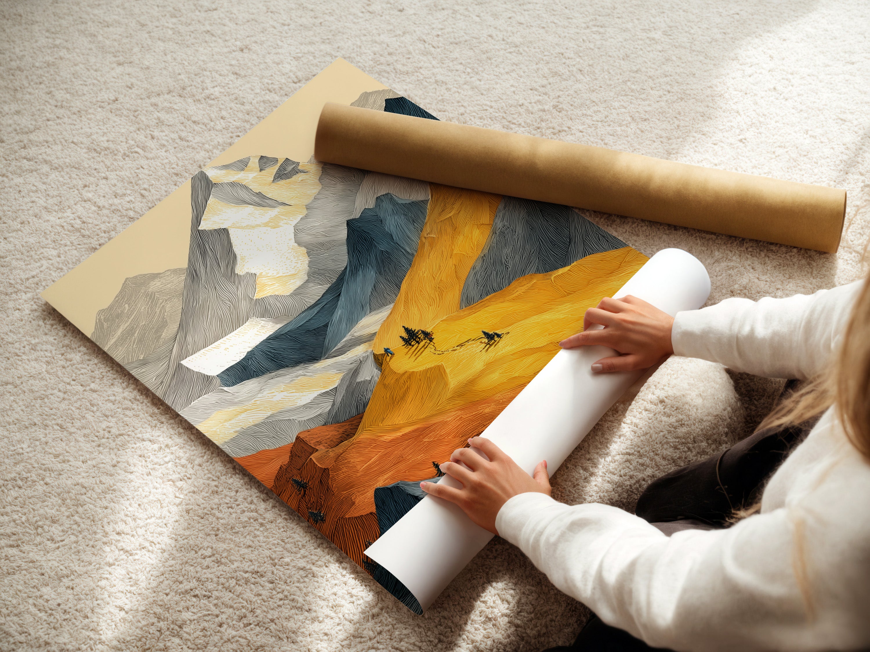 A woman is carefully unrolling a fine art poster paper. The paper displays a mountain landscape artwork. With alpine peaks and golden autumn colors this is a modern nature print. Ready for framing and display.