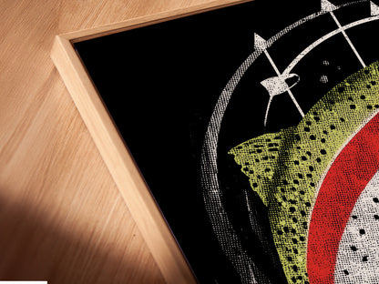 Angled close up of a trout canvas print in a floating frame. This modern angler artwork adds depth. The fish wall art enhances the visual appeal. Perfect for cabin wall decor and sportsman decor. A stylish gift for fishing lovers.