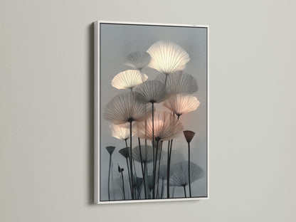A botanical canvas print is showcased in a white frame. This abstract artwork adds a modern touch to any room. It’s perfect as bedroom wall decor. The floral canvas features a minimalist art style. The nature print is ideal for scandi decor.