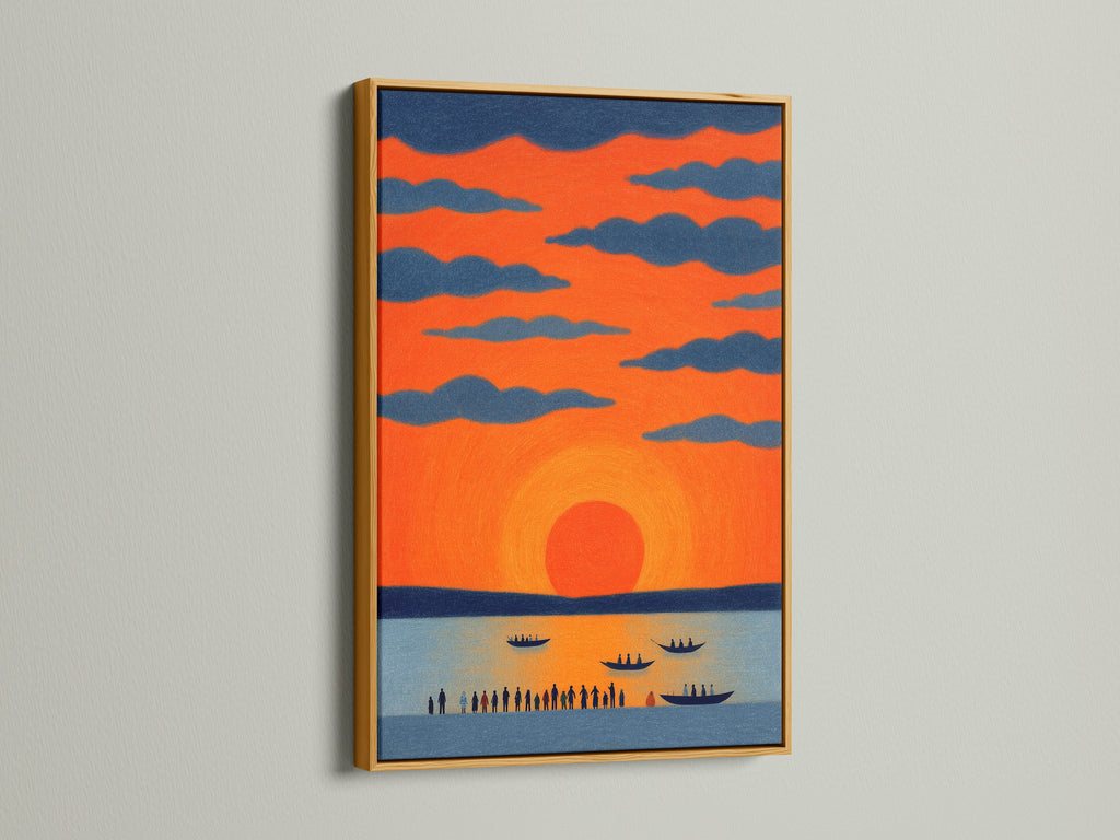 The sunset seascape artwork is featured in a gold frame. This coastal art print adds a touch of elegance and luxury. Ideal for elevating your living room wall art or bedroom wall decor. The orange sunset art is captivating.