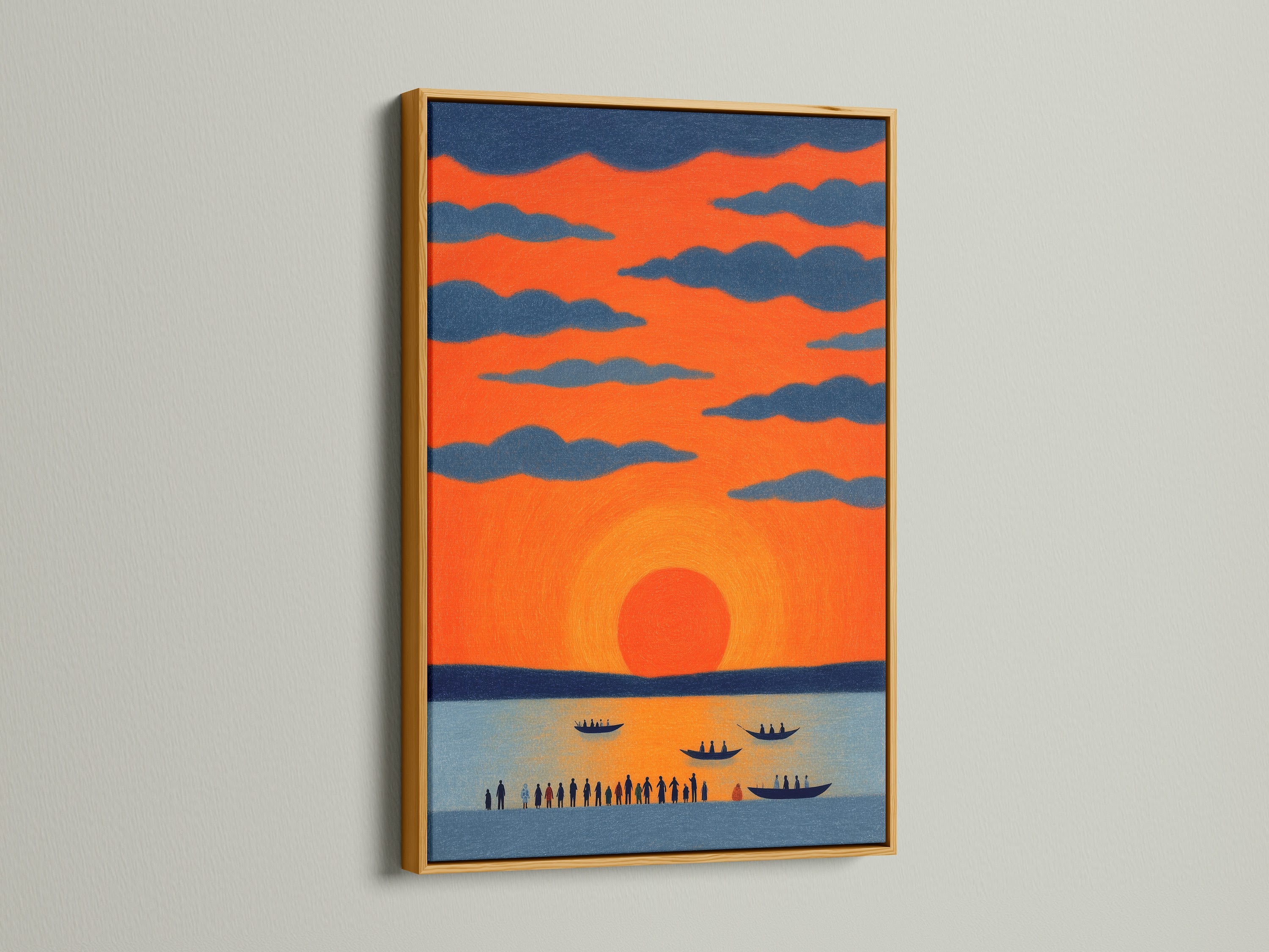 The sunset seascape artwork is featured in a gold frame. This coastal art print adds a touch of elegance and luxury. Ideal for elevating your living room wall art or bedroom wall decor. The orange sunset art is captivating.