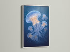 A white frame artfully displays an artwork of jellyfish. The white frame offers a clean and modern aesthetic. This allows the artwork to stand out. The jellyfish artwork is captivating. It is beautifully presented in the white frame.