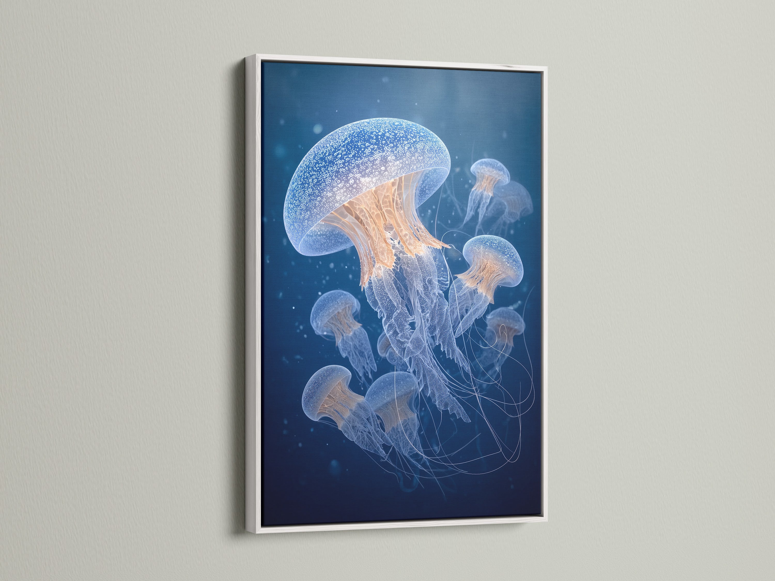 A white frame artfully displays an artwork of jellyfish. The white frame offers a clean and modern aesthetic. This allows the artwork to stand out. The jellyfish artwork is captivating. It is beautifully presented in the white frame.