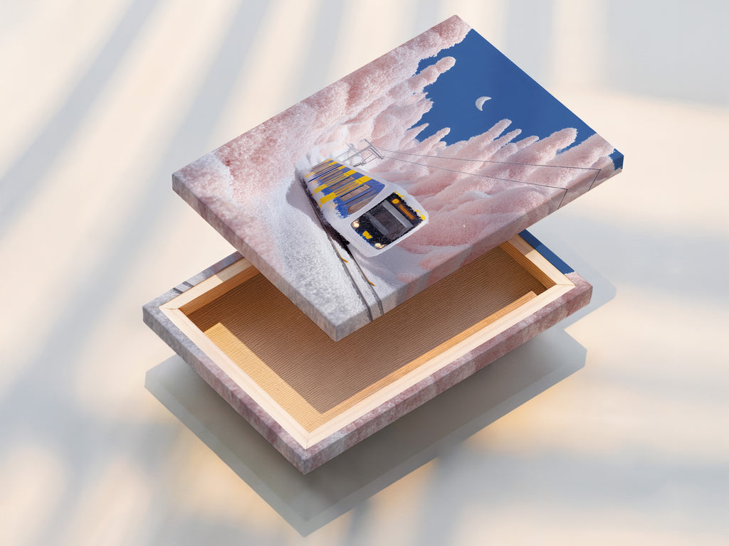 The stretched canvas print of the winter train artwork is taut and ready to hang. The canvas print offers a gallery-quality look. It enhances the texture and colors of the railway poster. Perfect for creating an immersive art experience.