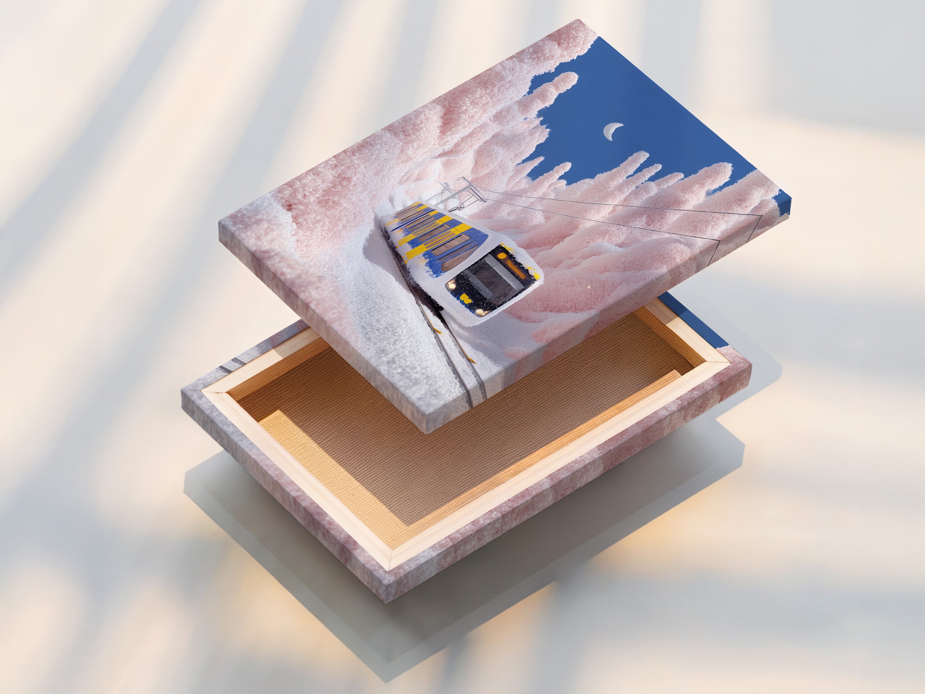 The stretched canvas print of the winter train artwork is taut and ready to hang. The canvas print offers a gallery-quality look. It enhances the texture and colors of the railway poster. Perfect for creating an immersive art experience.