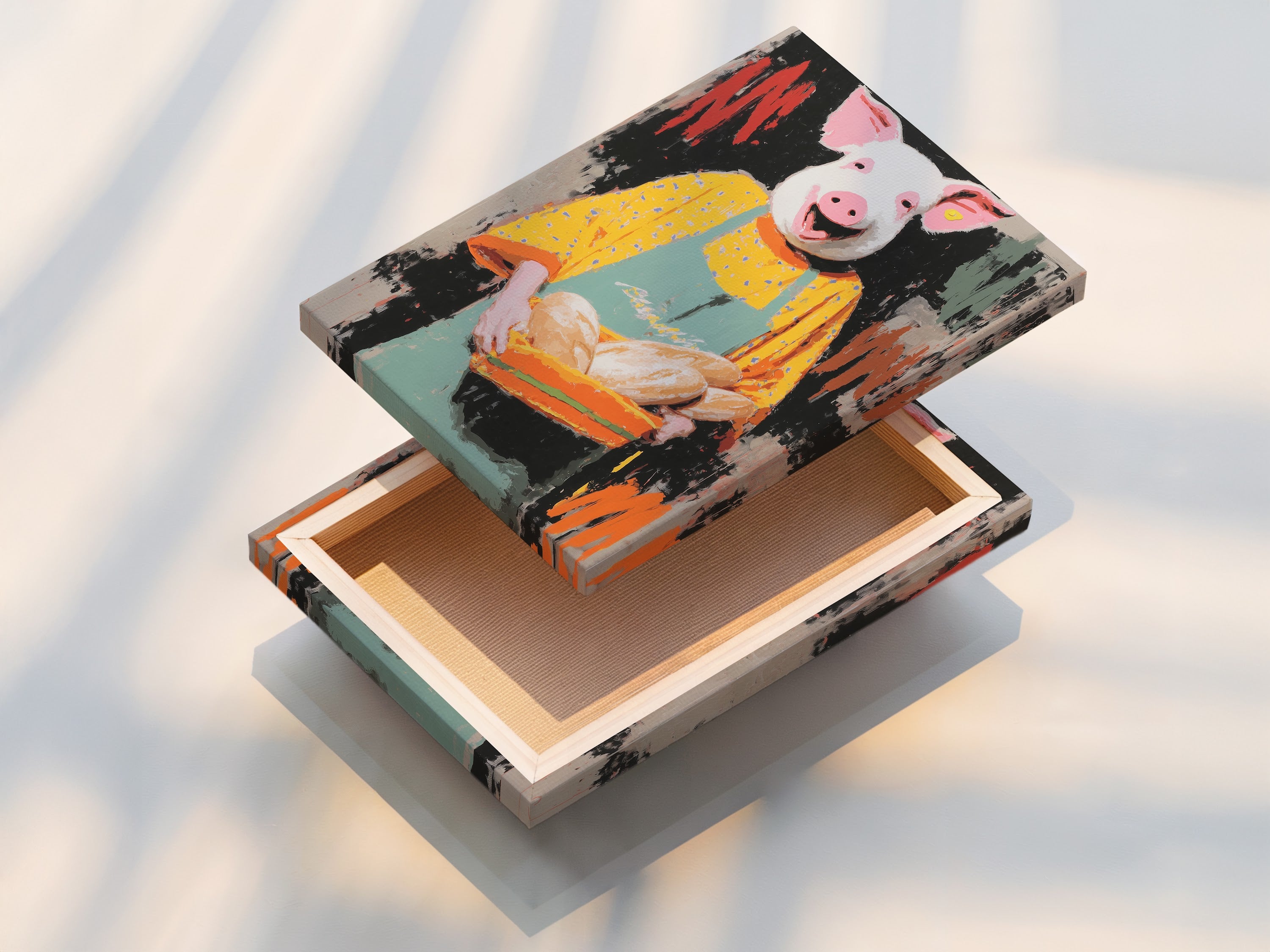 A stretched canvas print of the Pig Baker artwork. This artwork is ready to hang. It offers a gallery-wrapped look. This canvas print brings joy to any kitchen. The colors are vibrant and rich.