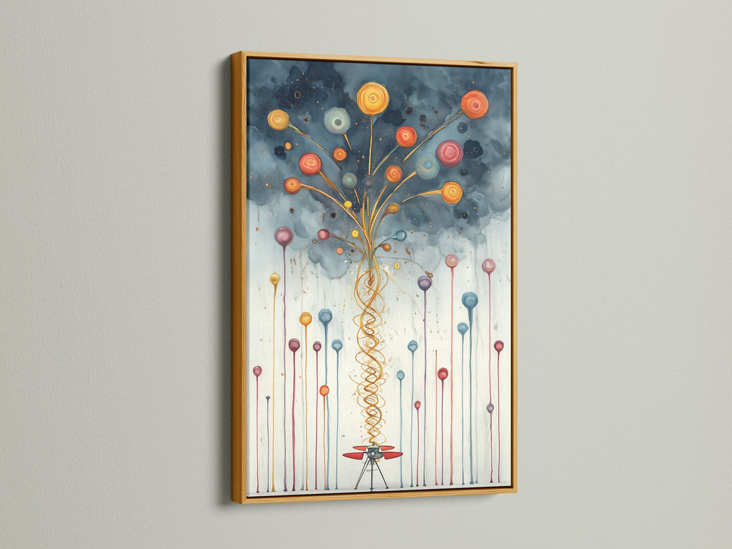 Gold frame showcasing a vibrant abstract balloon artwork. This modern print is perfect for any room. The whimsical decor enhances nurseries and playrooms. Add a touch of color with this playful art. A contemporary piece for kids room wall decor.