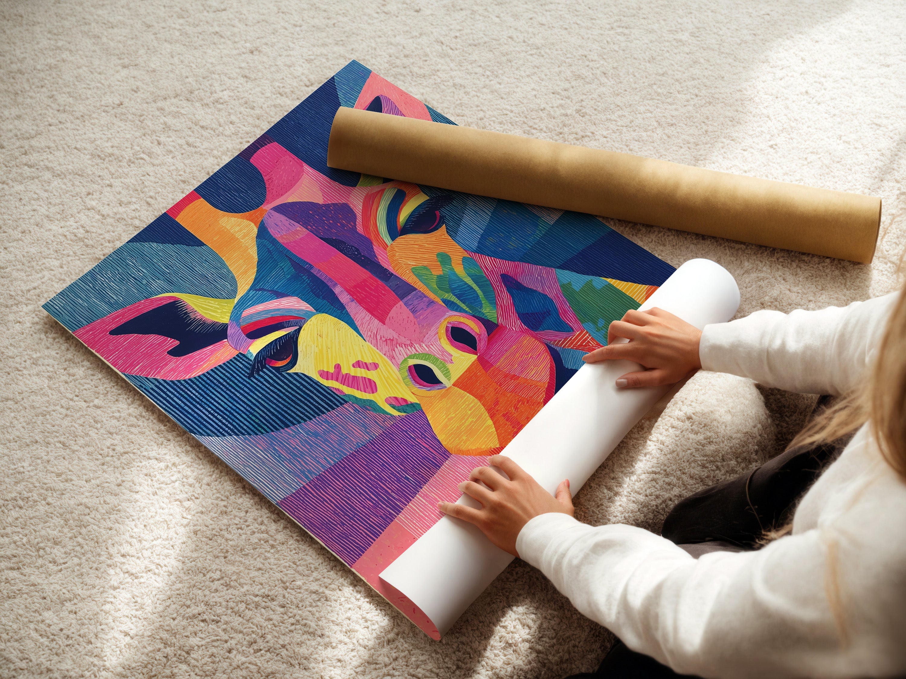 A woman is carefully rolling a fine art poster paper. The paper features a colorful giraffe artwork. This rainbow animal print is ready to be framed. The fine art poster paper ensures a high-quality print. It is an excellent choice for children wall art or nursery wall art.