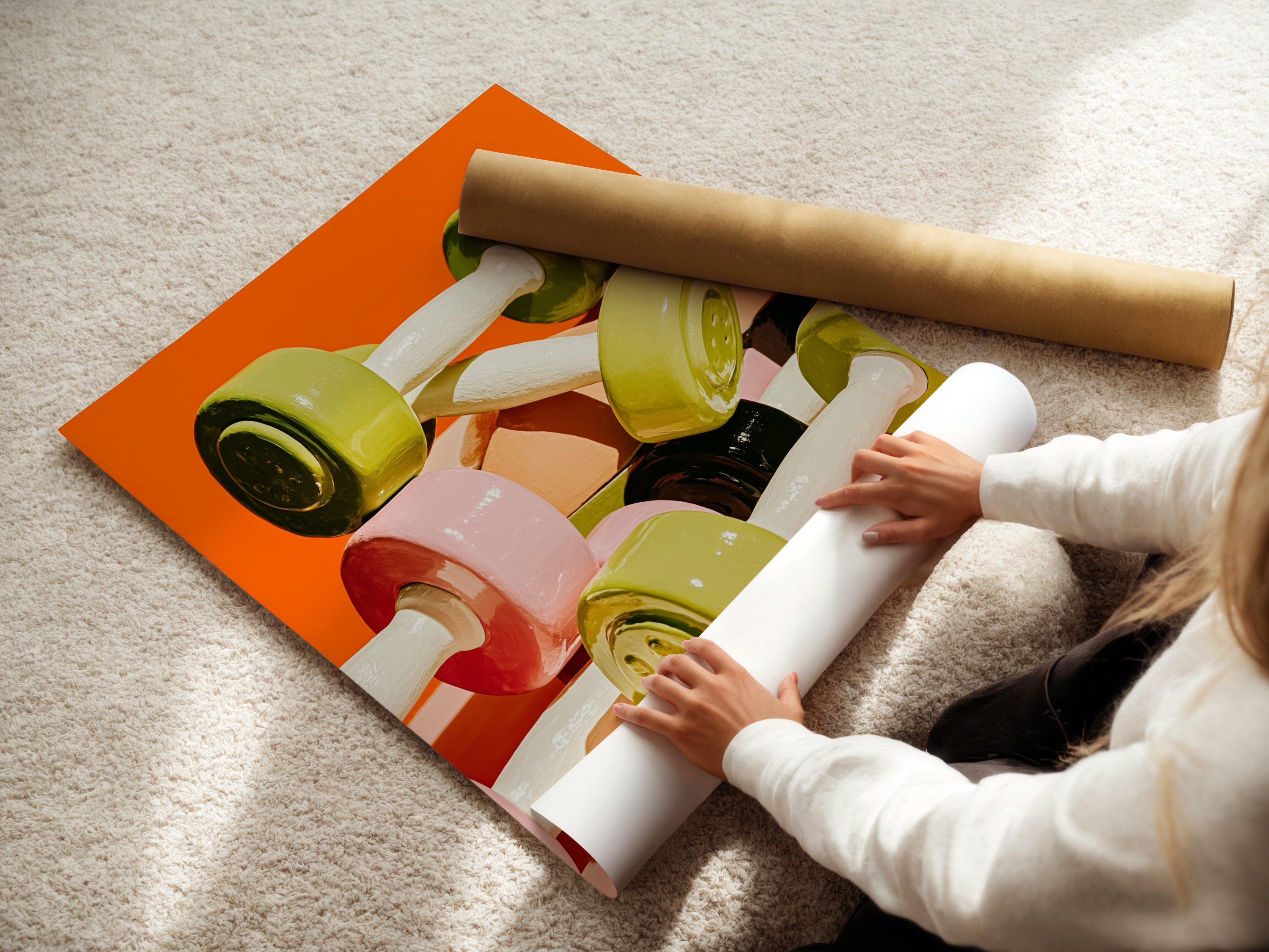 A woman is rolling fine art poster paper. The paper is for a dumbbell art print. The fine art poster paper ensures quality. Create stunning fitness artwork for your gym. This is ideal for home gyms. It's also great for commercial spaces.