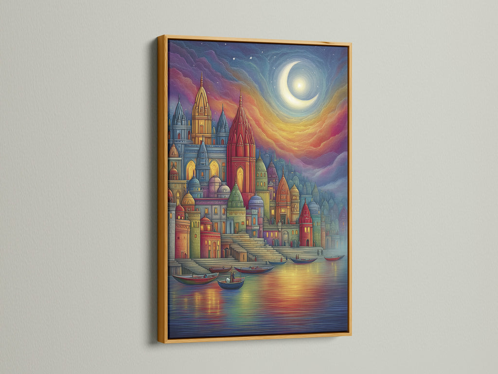 Fantasy Castle Wall Art in a gold frame. The colorful medieval architecture print creates a whimsical scene. It is a fairytale canvas for bedroom decor. It elevates architectural art and celestial wall decor. It enhances contemporary spaces.