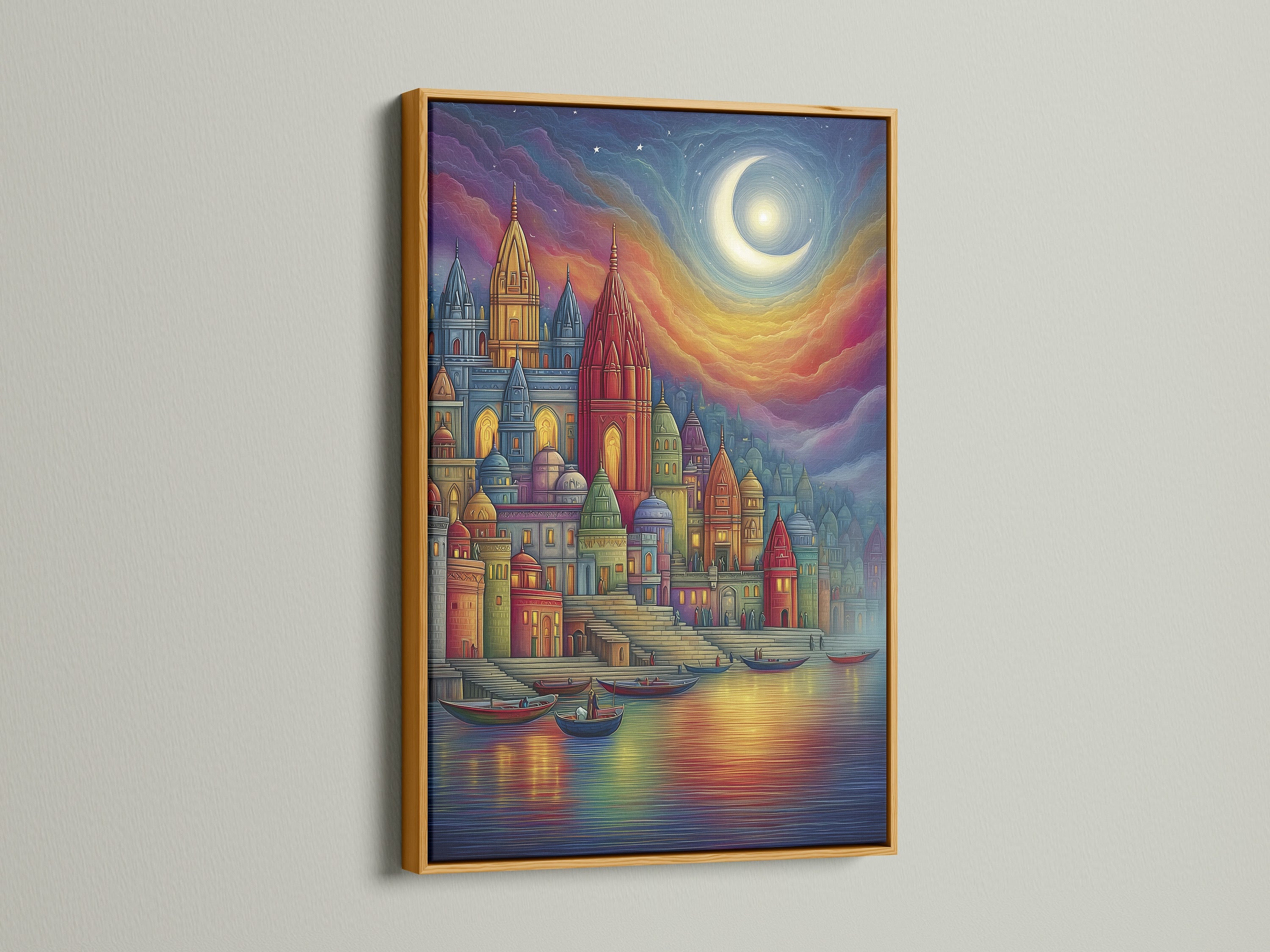 Fantasy Castle Wall Art in a gold frame. The colorful medieval architecture print creates a whimsical scene. It is a fairytale canvas for bedroom decor. It elevates architectural art and celestial wall decor. It enhances contemporary spaces.