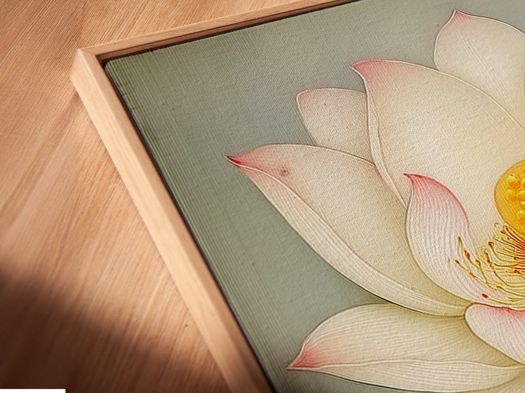 A close-up angled view of a canvas print in a floating frame. This Lotus Flower artwork appears to hover. The floating frame adds a contemporary touch. It enhances the depth and dimension of the floral print. Perfect for modern homes.