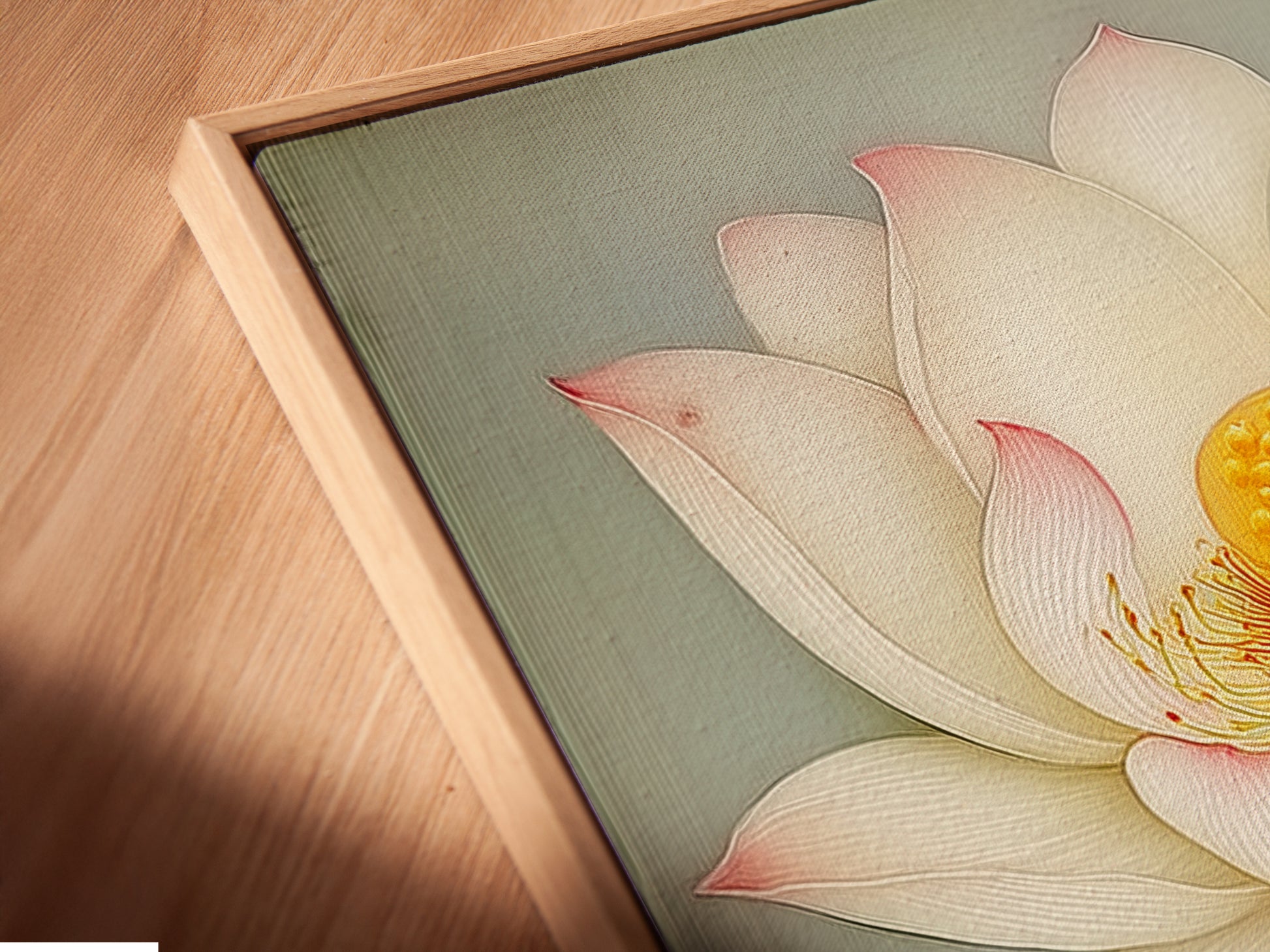 A close-up angled view of a canvas print in a floating frame. This Lotus Flower artwork appears to hover. The floating frame adds a contemporary touch. It enhances the depth and dimension of the floral print. Perfect for modern homes.