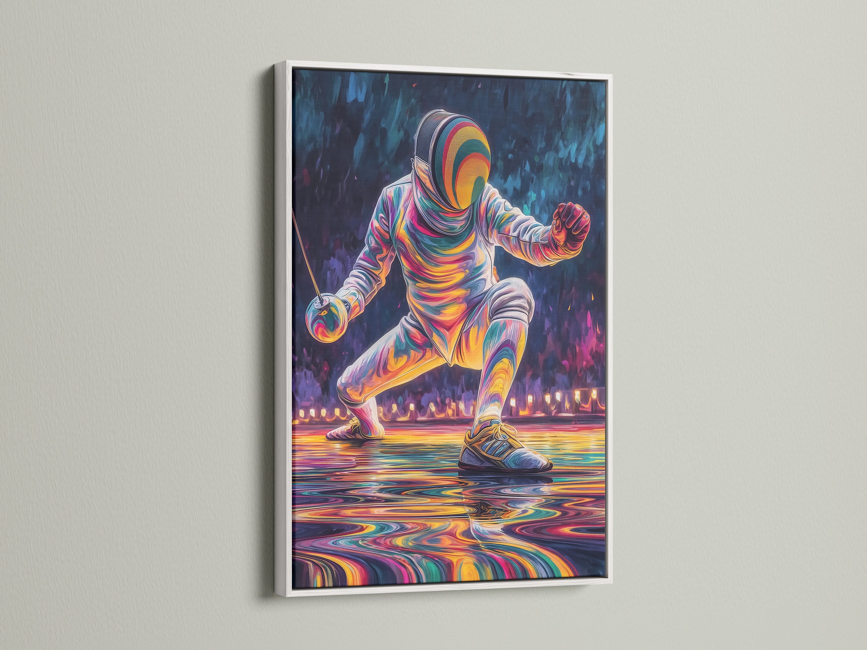 This fencer artwork is displayed in a clean white frame. The abstract figure stands out beautifully. The white frame creates a modern and fresh look. It is ideal for home or gym spaces. Bring energy and color with this athletic print.