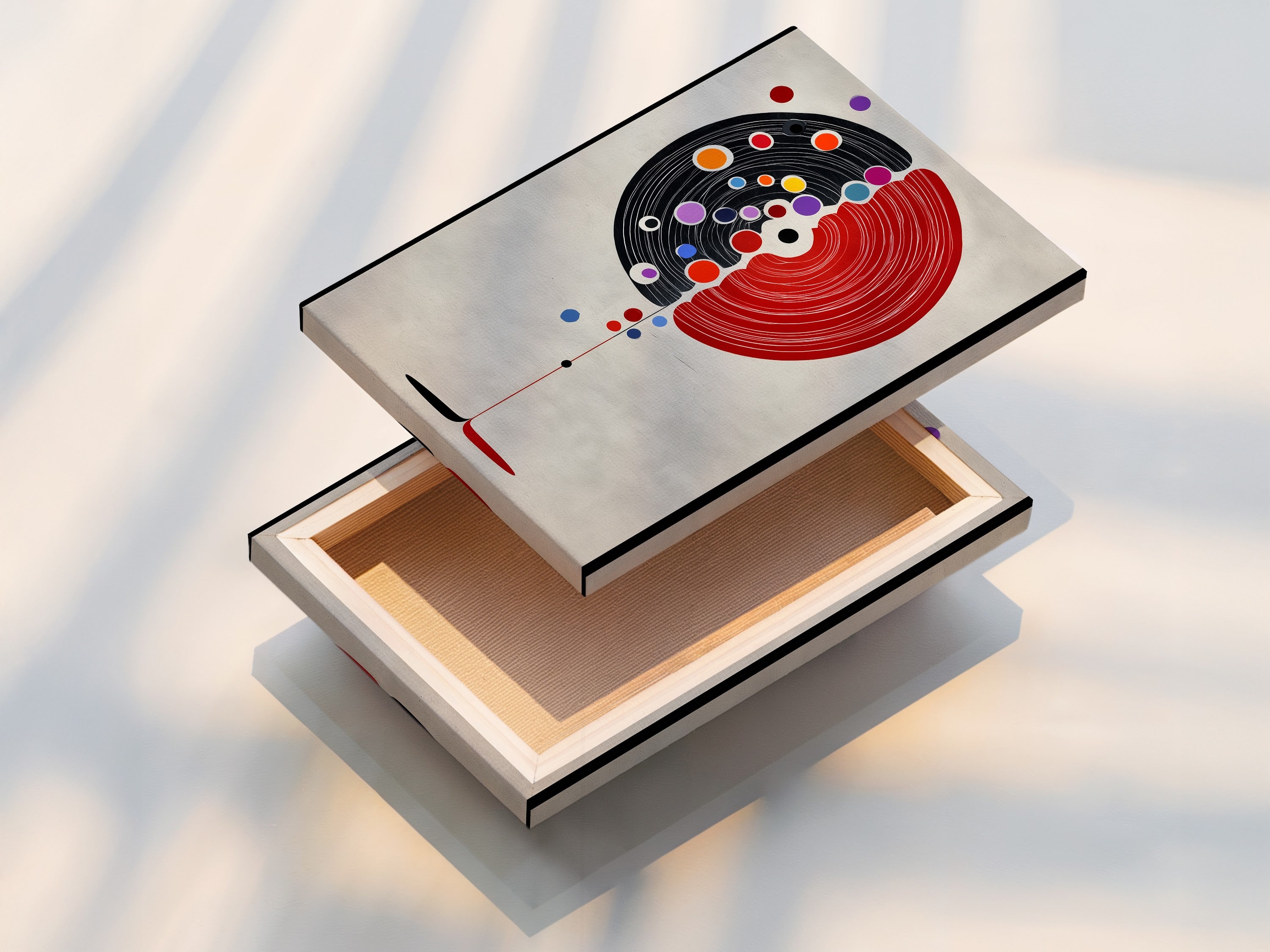 A beautifully stretched canvas print is displayed. The Abstract Tree Artwork is a modern geometric wall art. The artwork is a red and black minimalist print. Ready to hang and transform your living space with contemporary style.