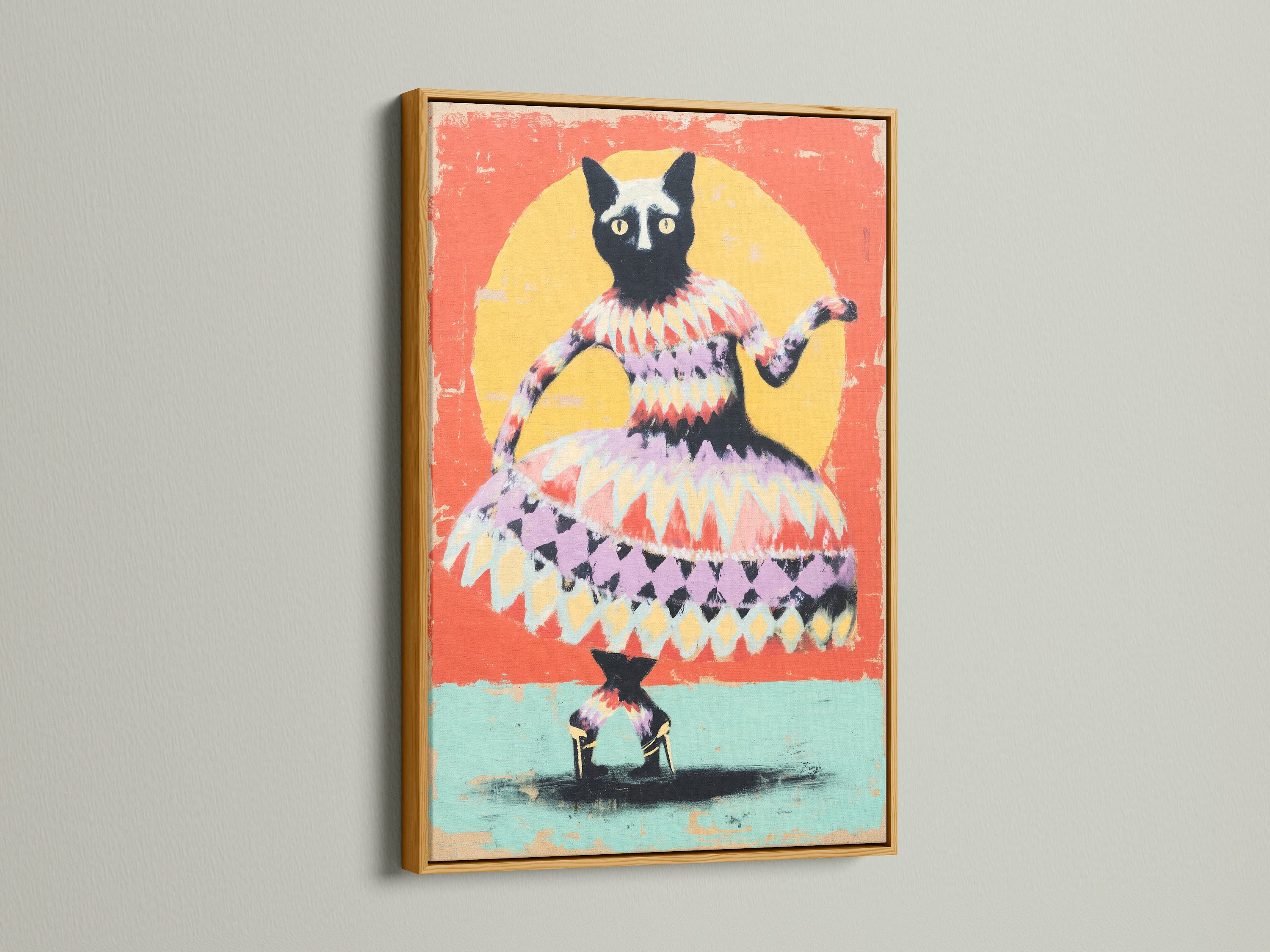 A gold frame accentuates this whimsical cat art print. The artwork is vibrant with orange and yellow hues. This folk art canvas is a quirky addition. It's perfect as animal wall art or children art print.
