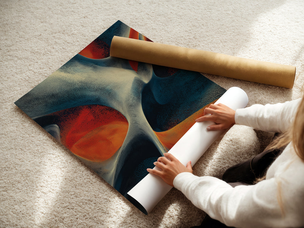 A woman carefully rolling a fine art poster paper. The poster features high-quality printing and vibrant colors. Fine art posters are a great way to add artwork to your home. They are easy to frame and display.