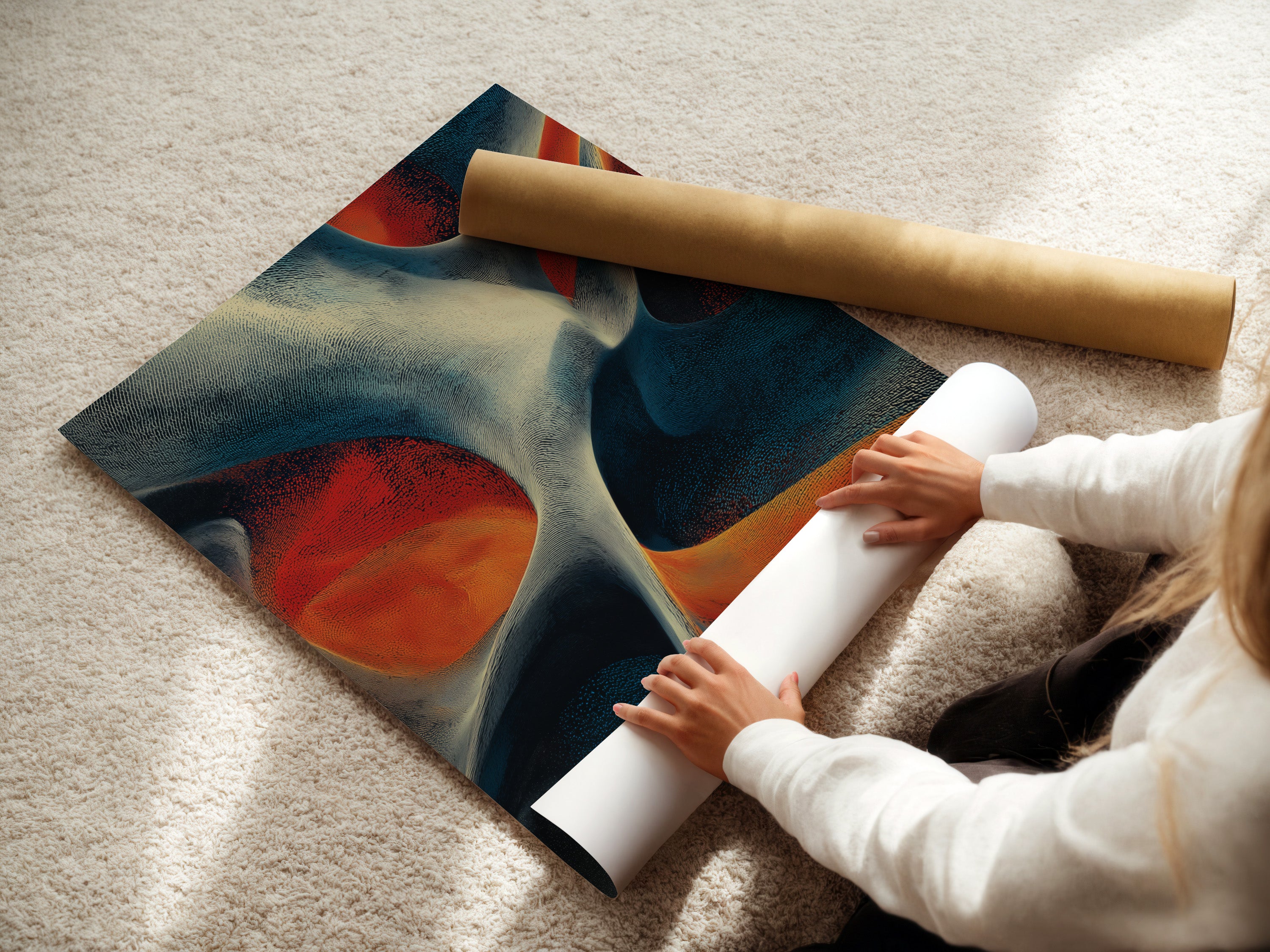 A woman carefully rolling a fine art poster paper. The poster features high-quality printing and vibrant colors. Fine art posters are a great way to add artwork to your home. They are easy to frame and display.