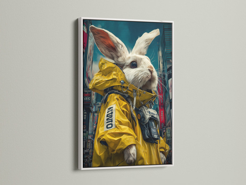 A cyberpunk rabbit art print is presented in a white frame. The artwork depicts a rabbit in a yellow jacket. The white frame accentuates its contemporary style. This art is ideal for adding an edgy touch to modern spaces. Consider it for gaming rooms or urban themed decor. It is available as a canvas or fine art print.