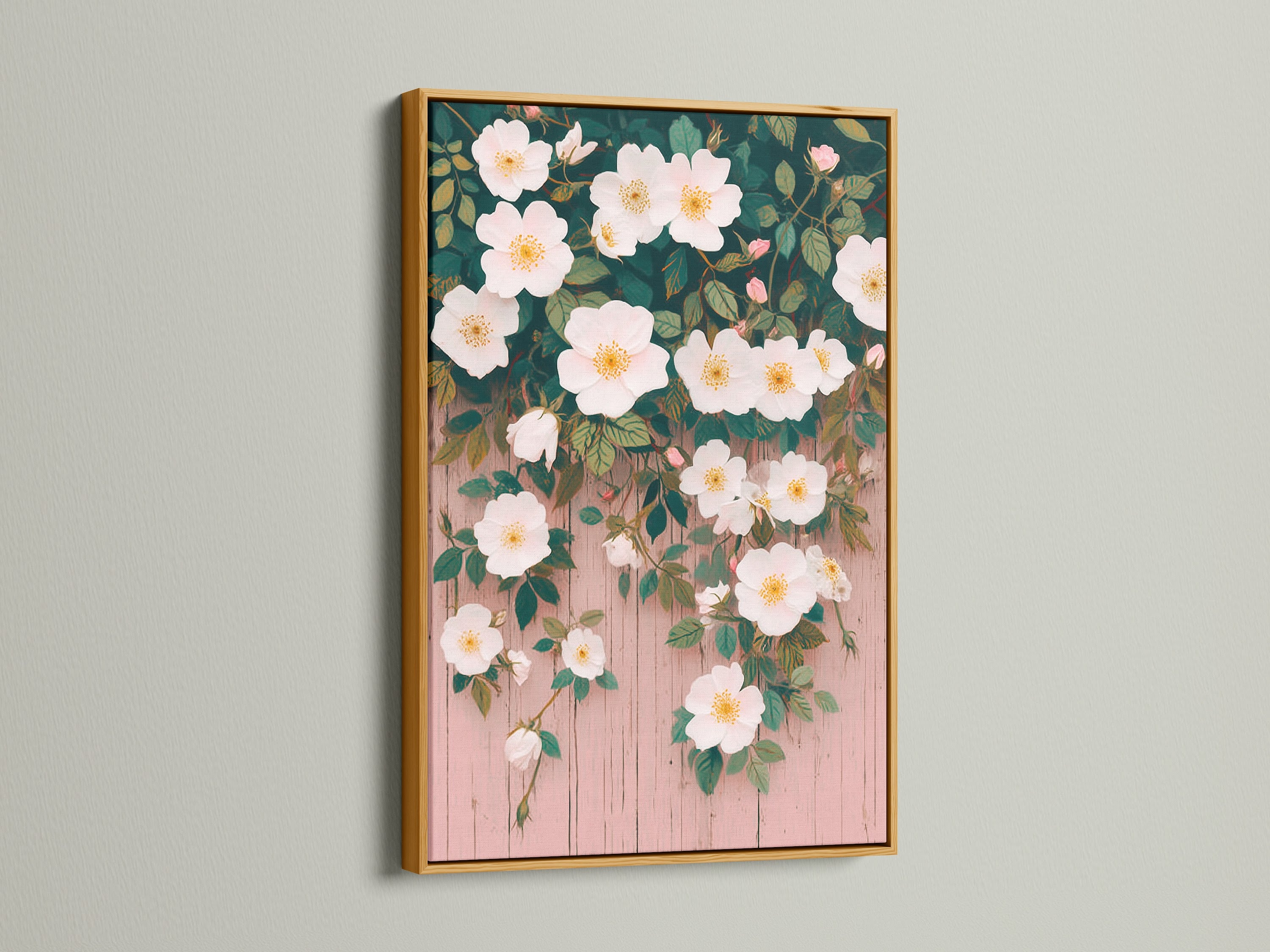 The gold frame adds a touch of elegance to this floral artwork. The white flowers pop against the vintage style background. This botanical print enhances any room's decor. This artwork is ideal for adding a touch of glam. A perfect piece for floral home decor.